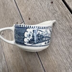 Vintage Currier & Ives Blue Express Train Gravy Boat by Royal USA 1950-1970 Rare